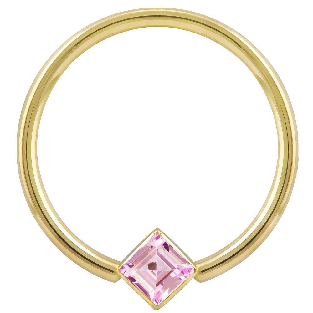 Pink Cubic Zirconia Princess Cut Corner Mount 14k Gold Captive Bead Ring-14K Yellow Gold   12G (2.0mm)   3 4" (19mm)