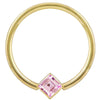 14k yellow gold fixed bead ring with pink princess-cut CZ in corner-mount bezel, front view