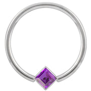 14k white gold fixed bead ring with purple princess-cut CZ corner-mount bezel, front view