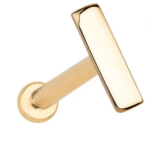 14K yellow gold 7mm bar stud cartilage earring with flat-back disc, angled product view