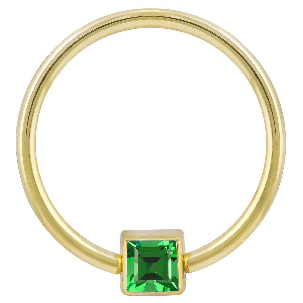 Green Cubic Zirconia Princess Cut 14k Gold Captive Bead Ring-14K Yellow Gold   12G (2.0mm)   3 4