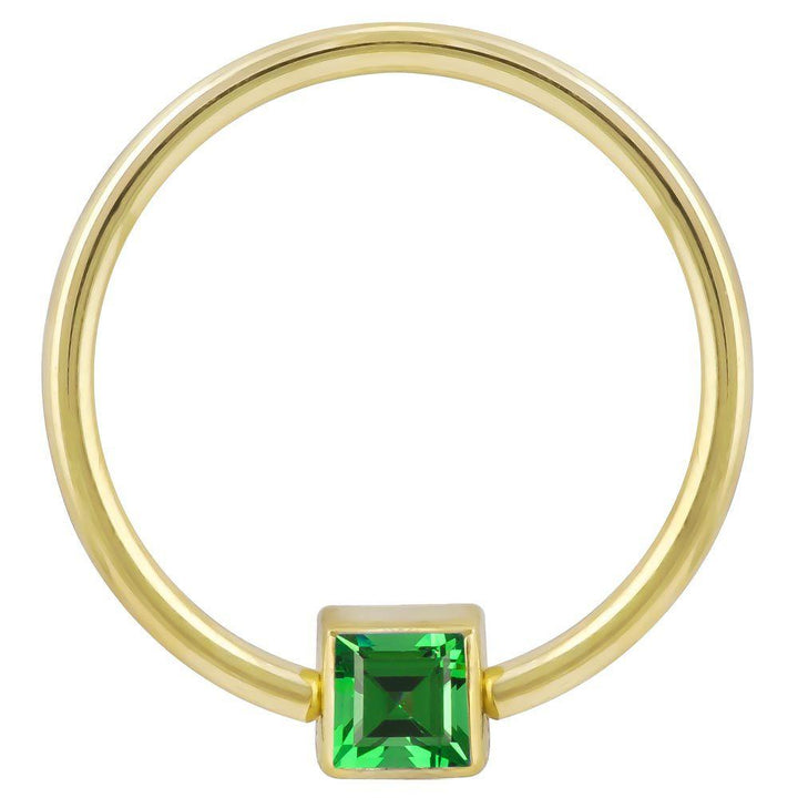 Green Cubic Zirconia Princess Cut 14k Gold Captive Bead Ring-14K Yellow Gold   12G (2.0mm)   3 4" (19mm)