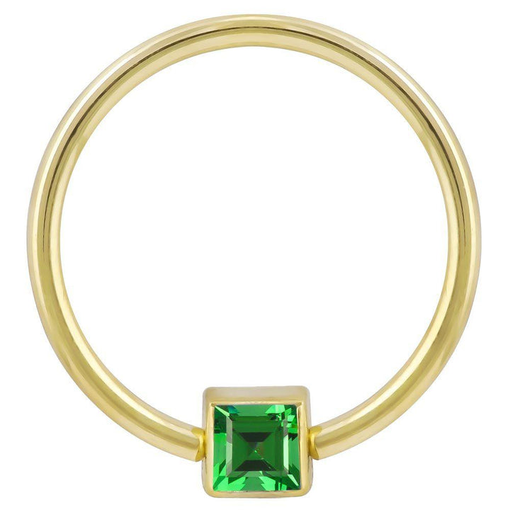 Green Cubic Zirconia Princess Cut 14k Gold Captive Bead Ring-14K Yellow Gold   12G (2.0mm)   3 4" (19mm)