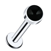14k white gold flat back labret with 3mm bezel-set black onyx cabochon, angled product view