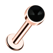 14k rose gold flat back labret with 3mm bezel-set black onyx cabochon, angled product view