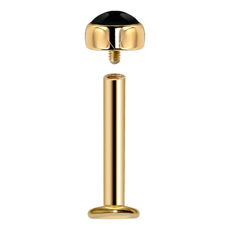 14k yellow gold flat back labret with black onyx top shown disassembled, revealing threaded post