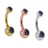 Double blue CZ belly button ring in 14k yellow gold, rose gold, and white gold, side by side