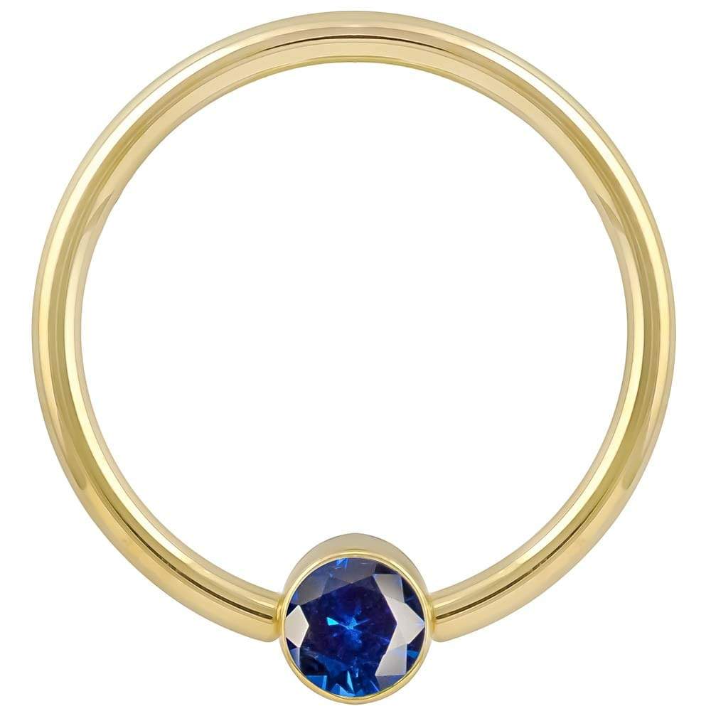 Yellow Gold Blue Cubic Zirconia Round Bezel 14k Gold Captive Bead Ring