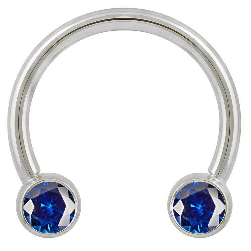 14k white gold circular barbell with blue cubic zirconia bezel-set ends, front view on white background