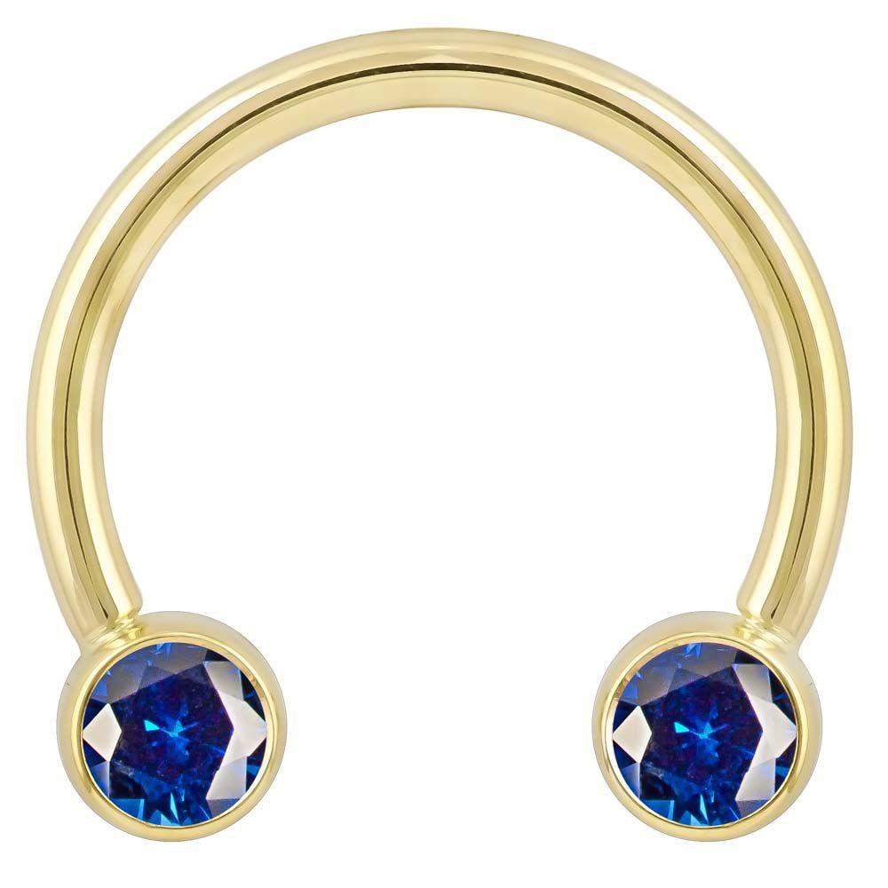 Blue Cubic Zirconia Round Bezel 14k Gold Circular Barbell-14K Yellow Gold   12G (2.0mm)   3 4" (19mm)