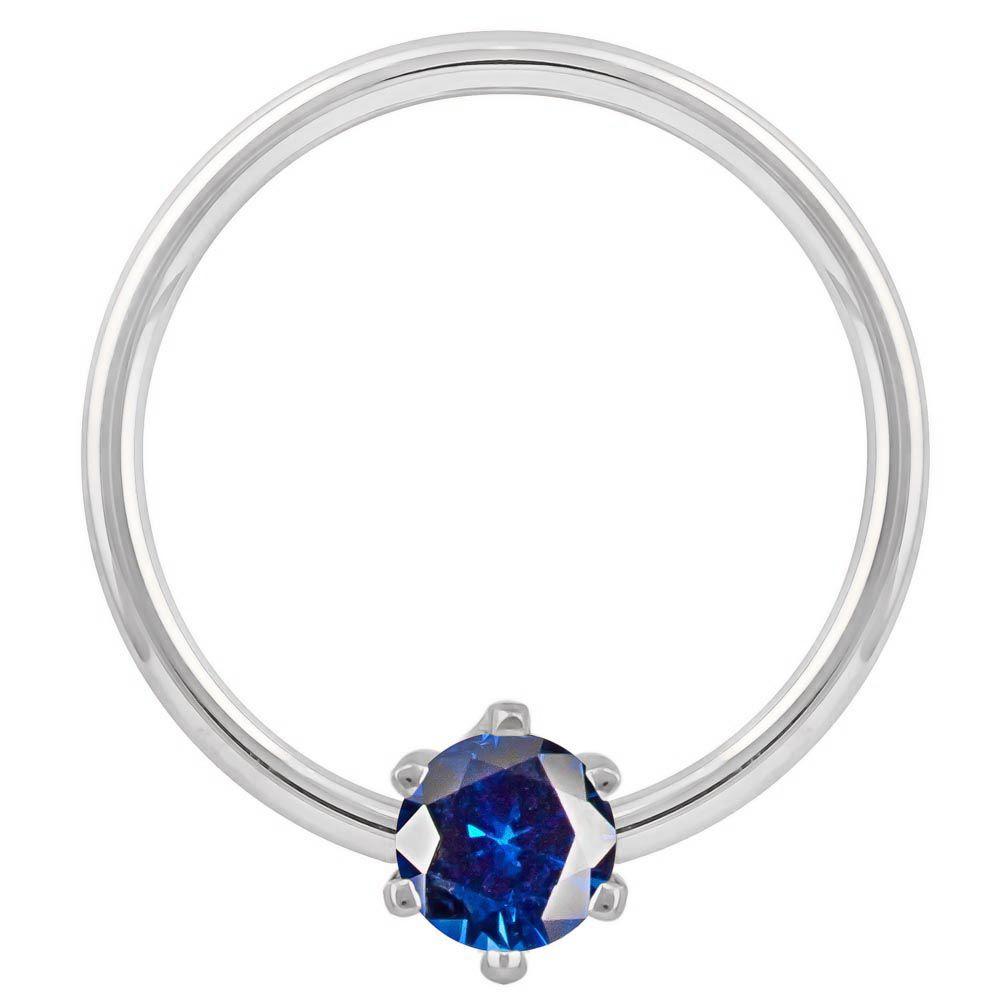 White Gold - Blue Cubic Zirconia Round Prong 14k Gold Captive Bead Ring