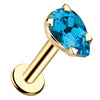 14k yellow gold pear-cut blue topaz flat back labret stud with prong setting, angled product view