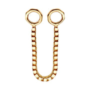 14k yellow gold box chain piercing connector shown straight with two ring ends, front view