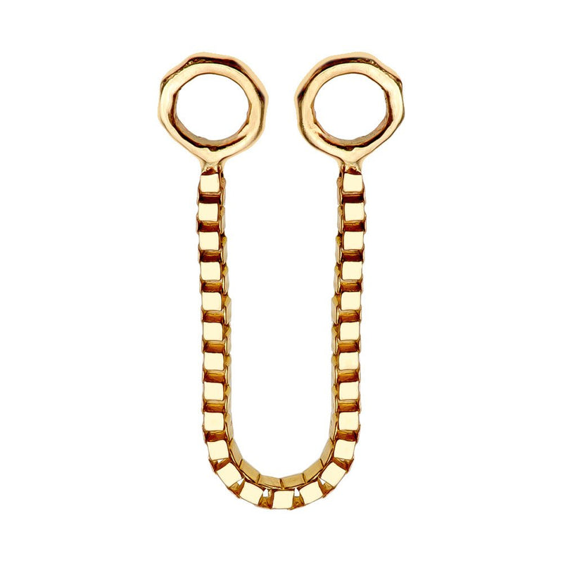 14k yellow gold box chain piercing connector shown straight with two ring ends, front view