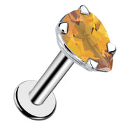 14k white gold citrine pear-shaped flat back labret stud with prong setting, angled front view