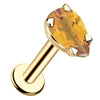 14k yellow gold citrine pear-shaped flat back labret stud with prong setting, angled front view
