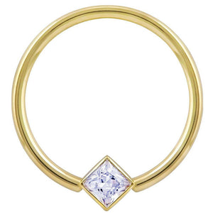 14k yellow gold fixed bead ring with princess-cut CZ in corner mount setting, front view