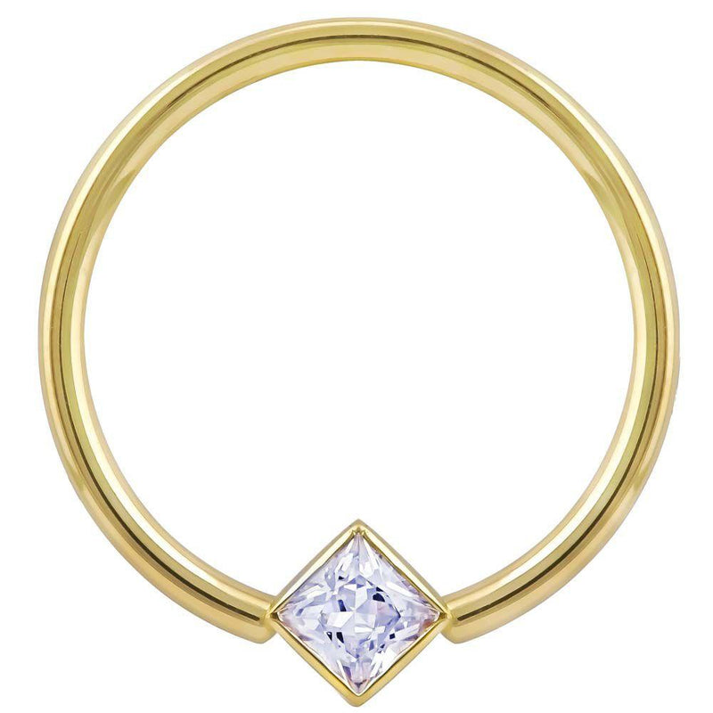 14k yellow gold fixed bead ring with princess-cut CZ in corner mount setting, front view
