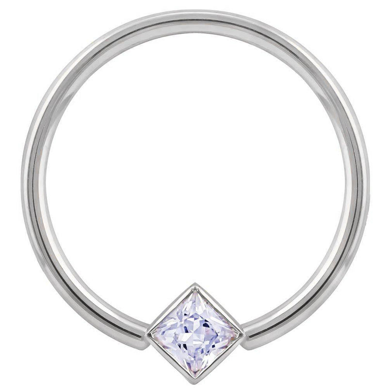 14k white gold fixed bead ring with princess-cut CZ corner mount, front view
