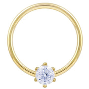 14k yellow gold CZ fixed bead ring, larger hoop diameter showing polished band and prong-set stone