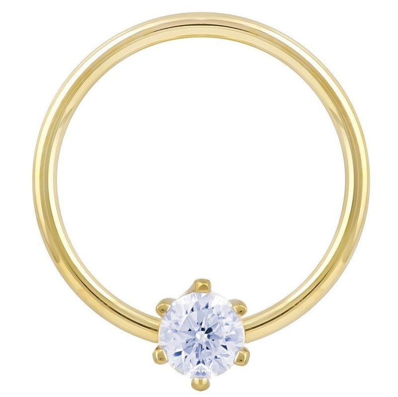 14k yellow gold CZ fixed bead ring, larger hoop diameter showing polished band and prong-set stone