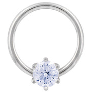 14k white gold CZ fixed bead ring with round-cut cubic zirconia in six-prong setting, front view