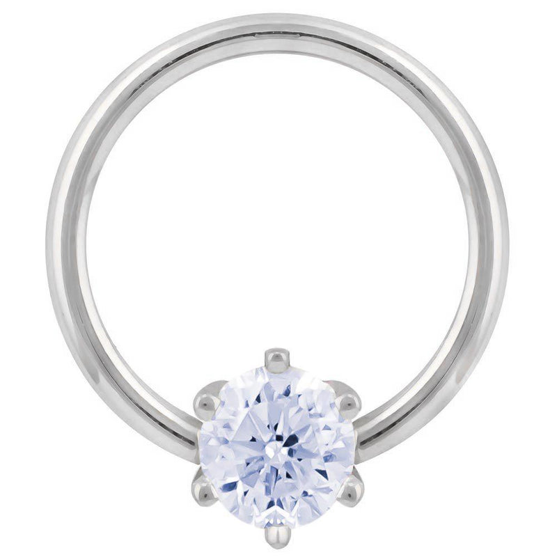 14k white gold CZ fixed bead ring with round-cut cubic zirconia in six-prong setting, front view