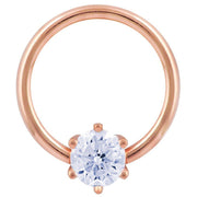 14k rose gold CZ fixed bead ring with round-cut cubic zirconia in six-prong setting, front view