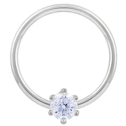 14k white gold CZ fixed bead ring, larger hoop diameter highlighting polished band and CZ stone