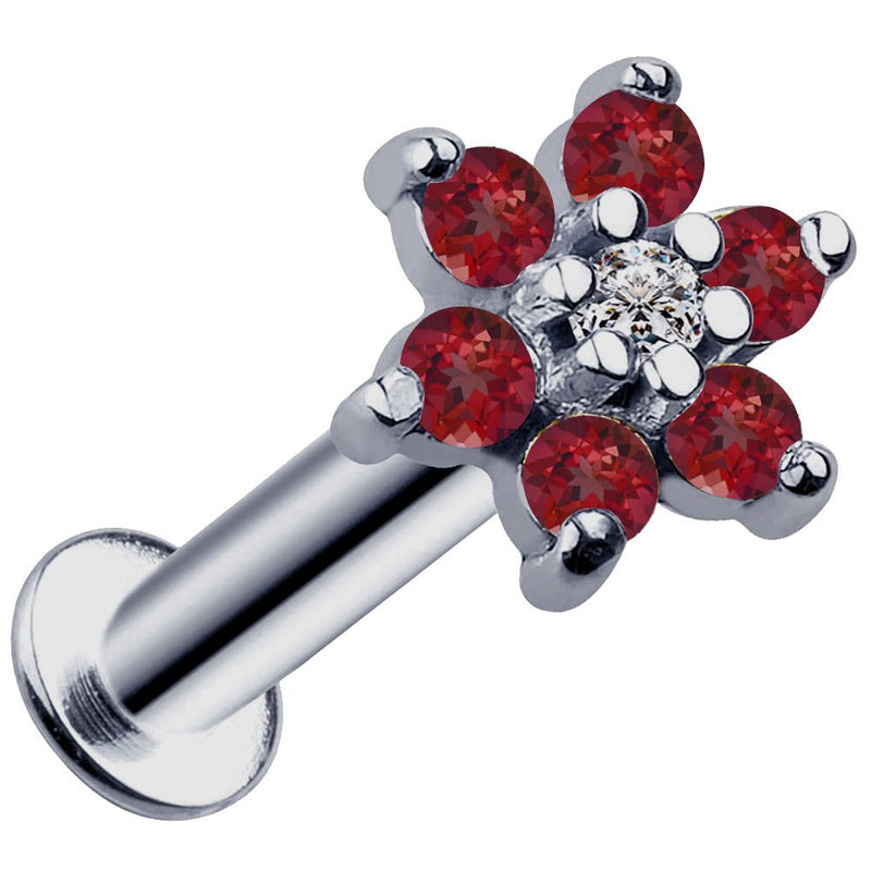14k white gold red CZ flower flat back labret with clear center stone, angled product shot