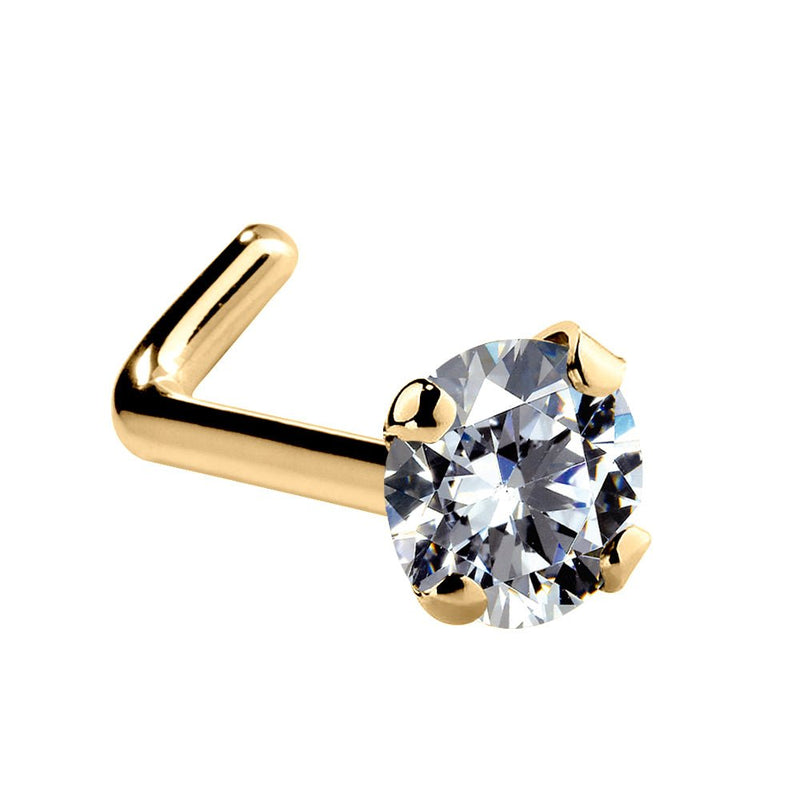 14k yellow gold 2.5mm CZ nose ring L-post backing, angled view showing L-shaped post in yellow gold
