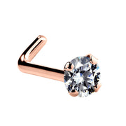 14k rose gold CZ L-post nose stud showing L-shaped post and 2mm prong-set CZ in warm rose gold