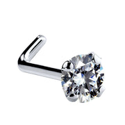 14k white gold 3mm CZ nose ring L-post style showing angled backing for secure fit