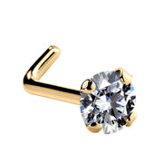 14k yellow gold 3mm CZ nose ring L-post style with martini-set cubic zirconia and angled post