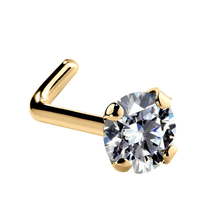 14k yellow gold 3mm CZ nose ring L-post style with martini-set cubic zirconia and angled post
