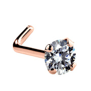 14k rose gold 3mm CZ nose ring L-post style with sparkling prong-set stone and L-shaped backing
