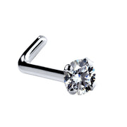 14k white gold CZ L-post nose stud, angled view showing L-shaped backing for easy insertion