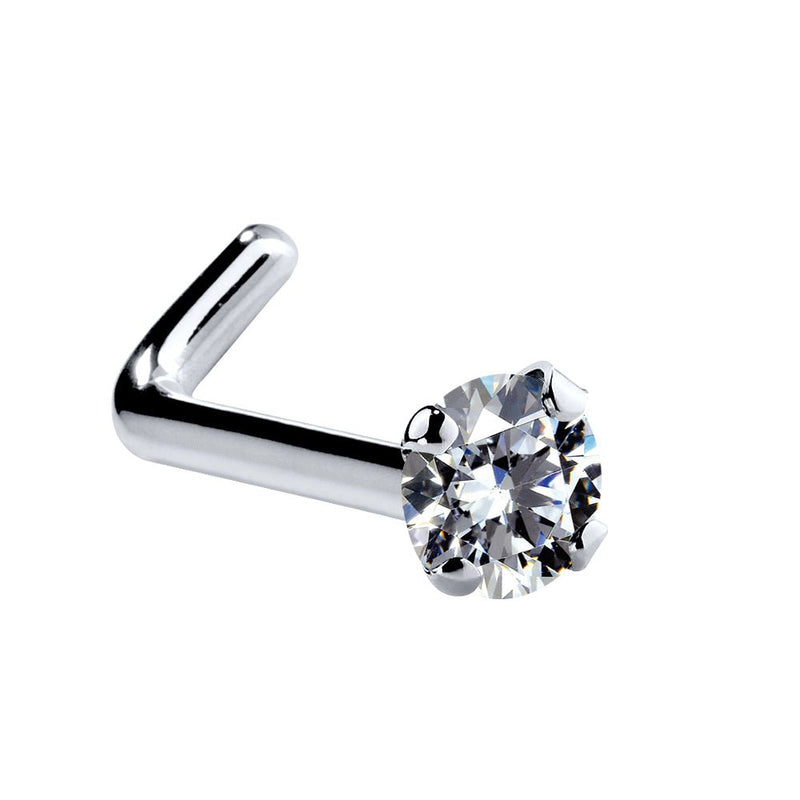 1.7mm CZ nose stud in 14k white gold L-post backing showing 90-degree angled post