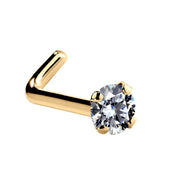 14k yellow gold CZ L-post nose stud, angled view showing L-shaped backing and prong-set CZ