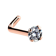 14k rose gold CZ L-post nose stud, angled view showing rose gold L-shaped post and CZ setting