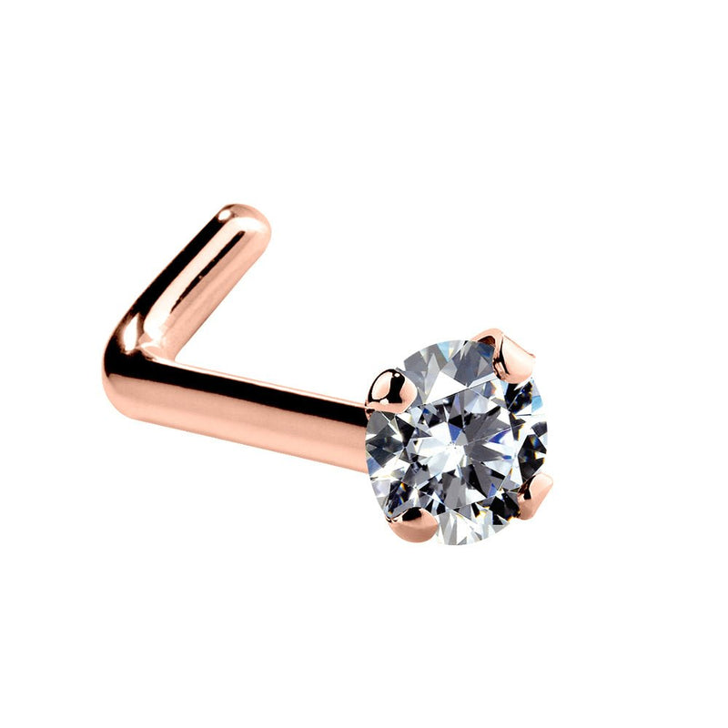 14k rose gold CZ L-post nose stud, angled view showing rose gold L-shaped post and CZ setting