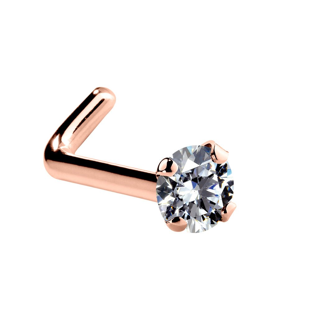 1.5mm Tiny Cubic Zirconia 14K Gold Nose Ring-Rose Gold   L-Post   18G (1.0mm)
