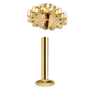 Reverse view of 14k gold gem cluster labret showing internally threaded post and flat disc back