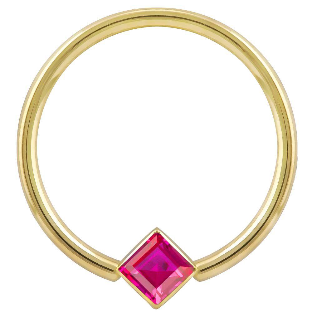 Red Cubic Zirconia Princess Cut Corner Mount 14k Gold Captive Bead Ring-14K Yellow Gold   12G (2.0mm)   3 4" (19mm)