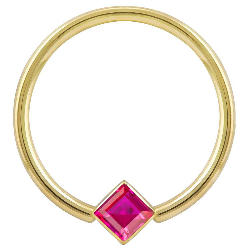 14k yellow gold fixed bead ring with red princess-cut CZ in corner-mount bezel, front view