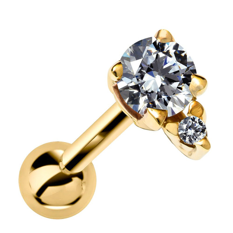 14k yellow gold cartilage stud with round CZ and diamond accent, angled product view