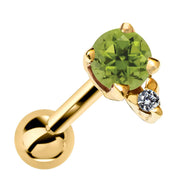 14k yellow gold helix stud with genuine peridot and diamond accent, front view