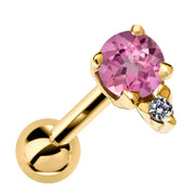 14k yellow gold helix stud with genuine pink tourmaline and diamond accent