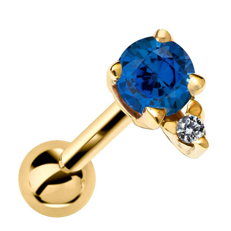 14k yellow gold cartilage stud with genuine sapphire and diamond accent, front view