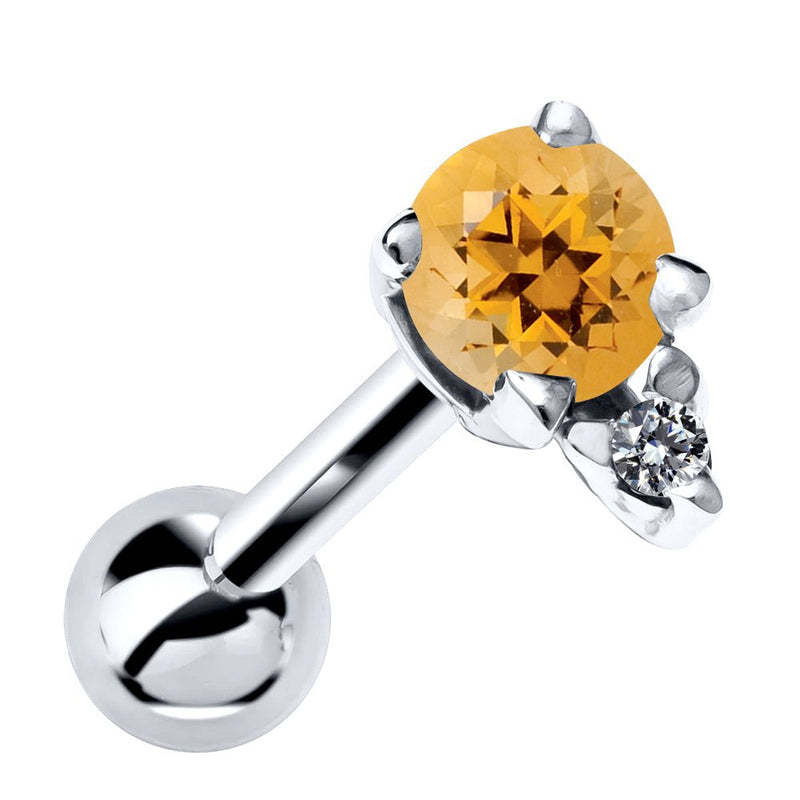 14k white gold cartilage stud with genuine citrine and diamond accent, front view
